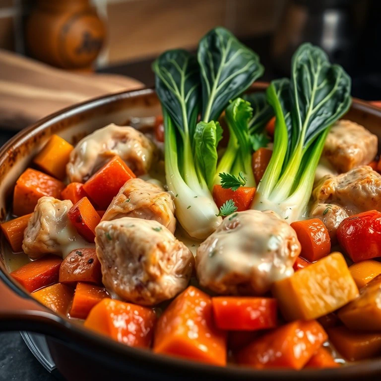 Ofengebackene Hähnchen-Paprika mit Wurzelgemüse und Pak Choi