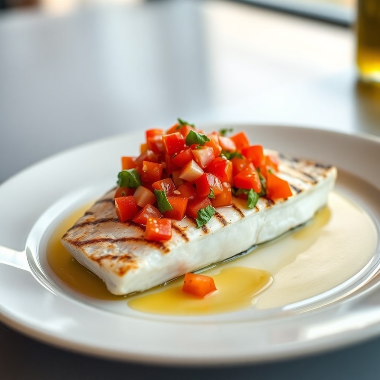 Pescado a la Parrilla con Salsa Fresca de Tomate y Ajo