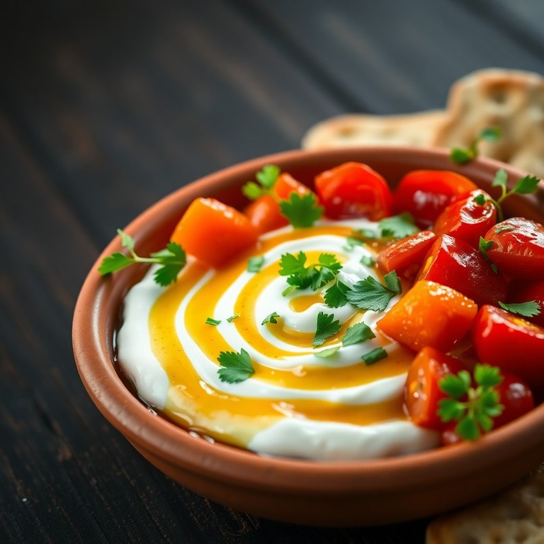 Griechischer Joghurt-Dip mit gerösteten Paprika und Tomaten