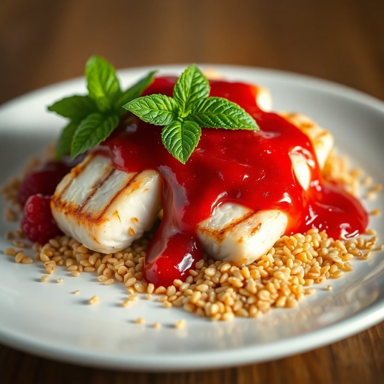 Merluzzo Grigliato con Riduzione Fruttata e Croccante di Grano Saraceno