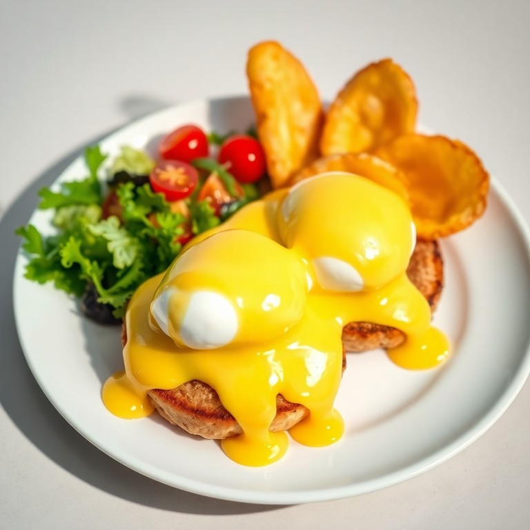 Classic Eggs Benedict with Crispy Potato Chips and Garden Salad