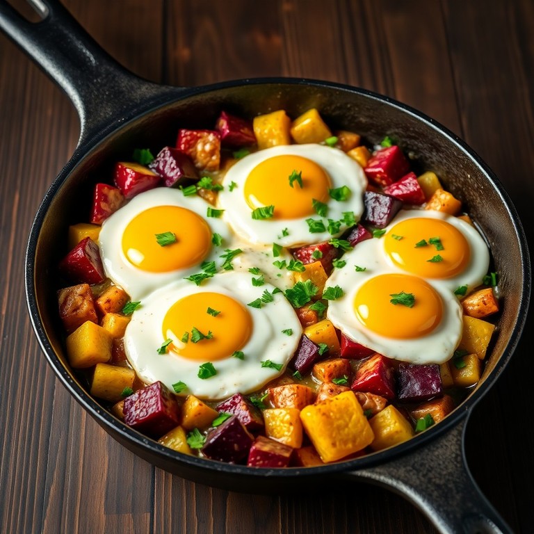 Vegetarische Eierpfanne mit Kohlrabi, Aubergine und Rote Bete