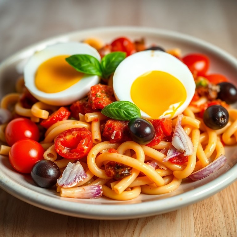 Macarrão Parafuso com Ovos e Tomate ao Estilo Mediterrâneo