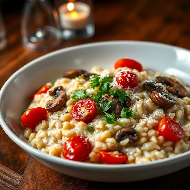 Risotto Crémeux aux Champignons, Poireaux et Tomates Cerises