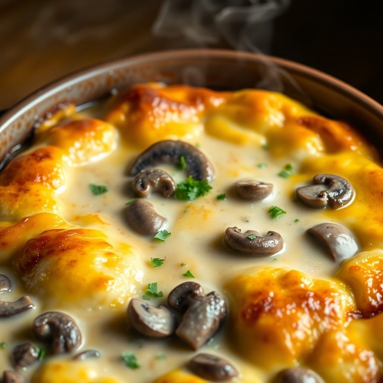 Herzhafter Maultaschen-Auflauf mit cremiger Pilzrahmsoße