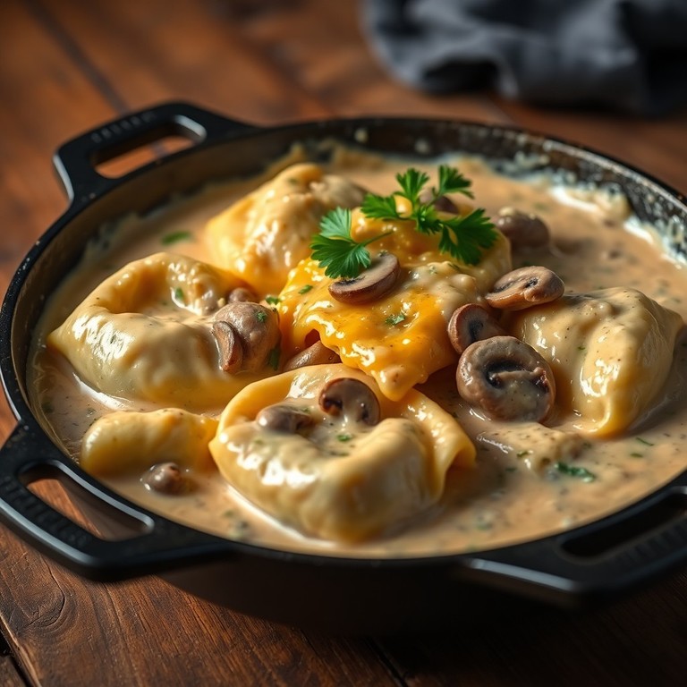 Herzhafte Maultaschen-Pfanne mit cremiger Pilzrahmsoße