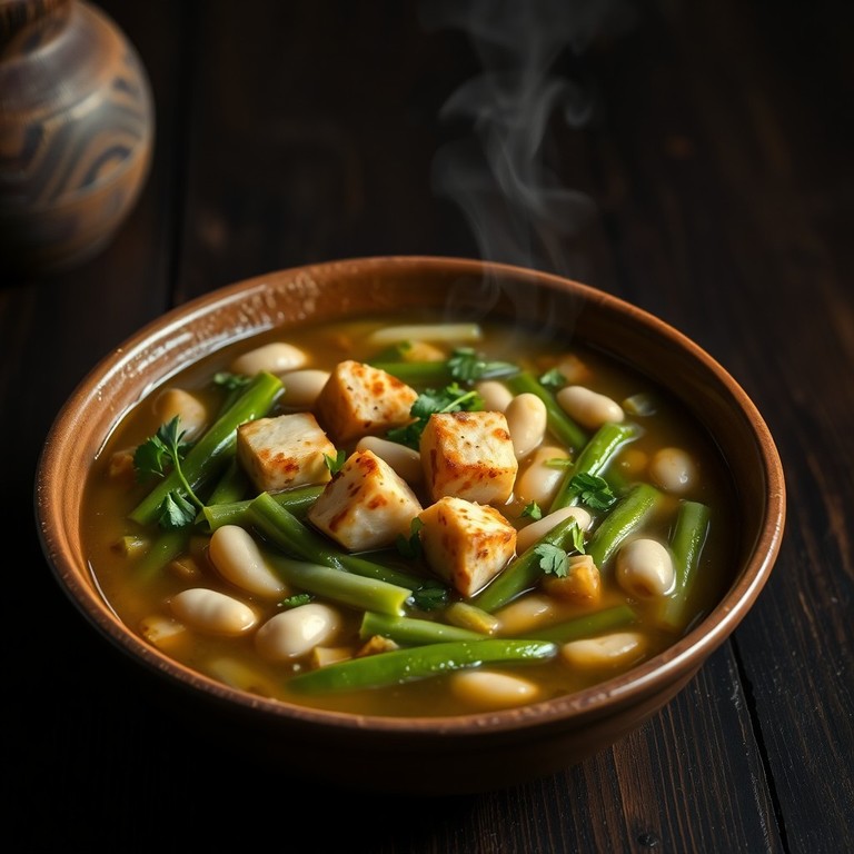 Herzhafter Bohnen- und Porree-Eintopf mit Cashew-Tofu