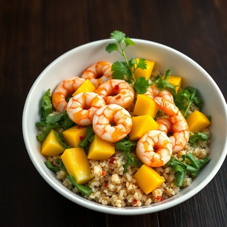 Теплый салат из киноа с креветками, авокадо и манго