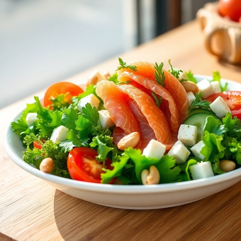 Средиземноморский салат с лососем холодного копчения и кедровыми орехами