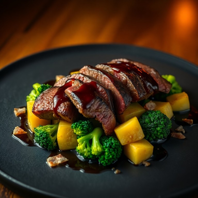 Salteado de Brócoli y Entrecôte con Reducción Intensa de Caldo de Pollo