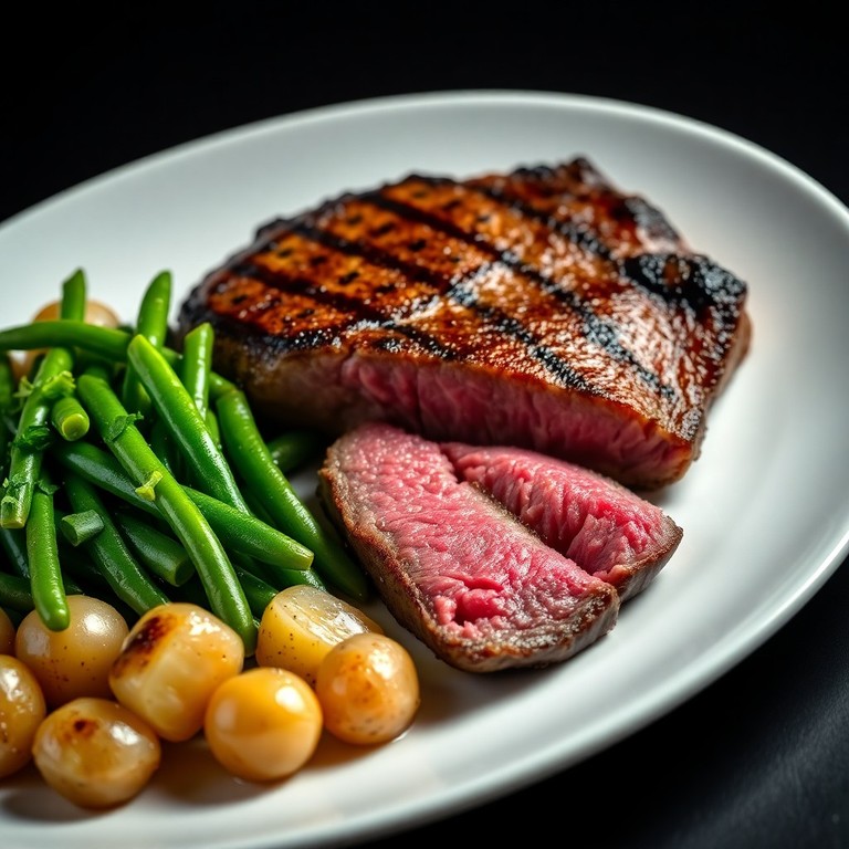Gegrilltes Rindersteak mit Kräuterbohnen und Salzkartoffeln