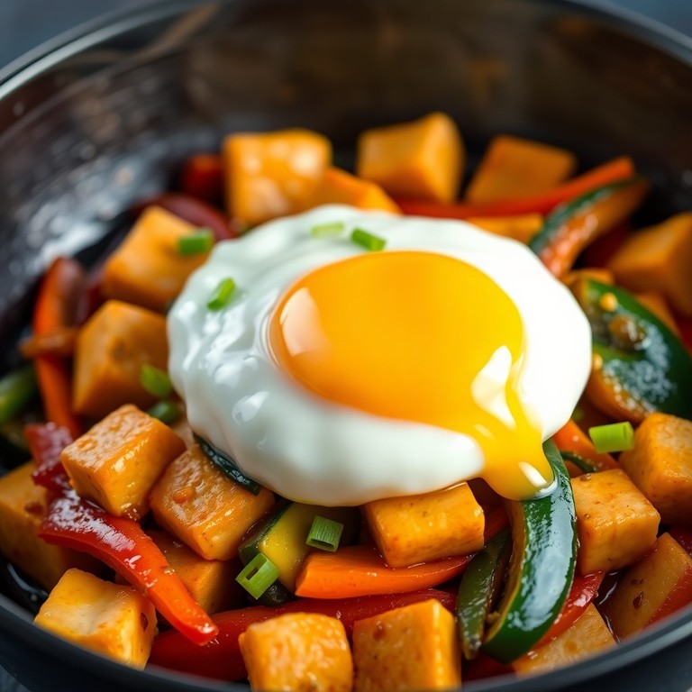 Salteado de Verduras con Tofu y Yema Líquida