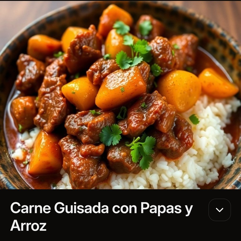 Carne Guisada con Papas, Arroz Blanco, Caraotas Negras y Tajadas