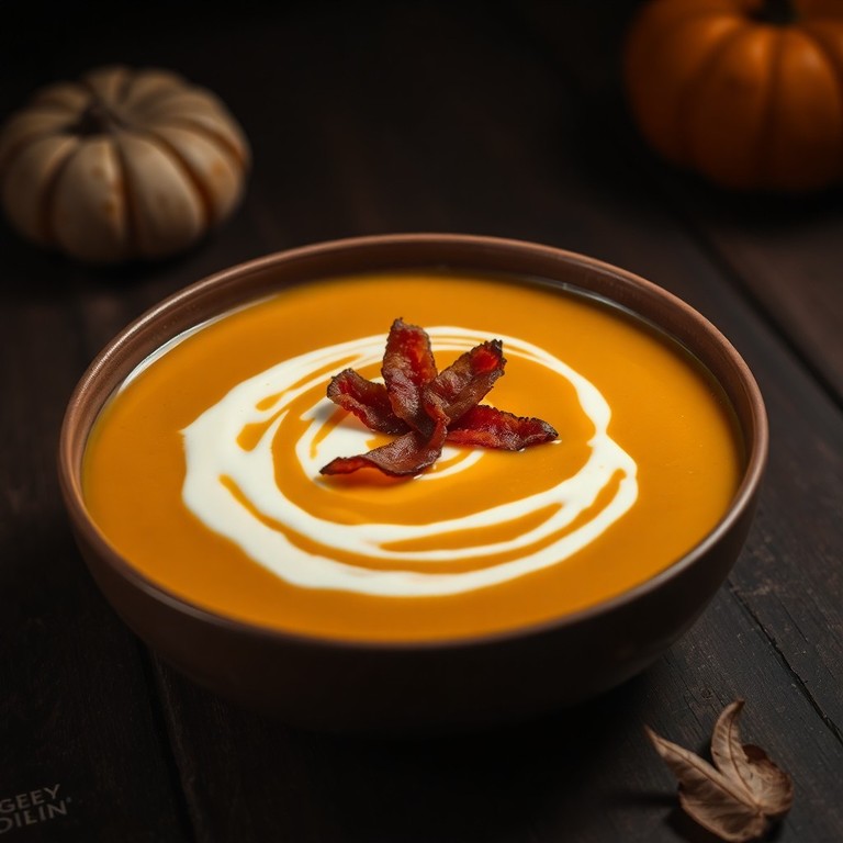Soupe de potiron veloutée à la crème de châtaigne et chips de lard