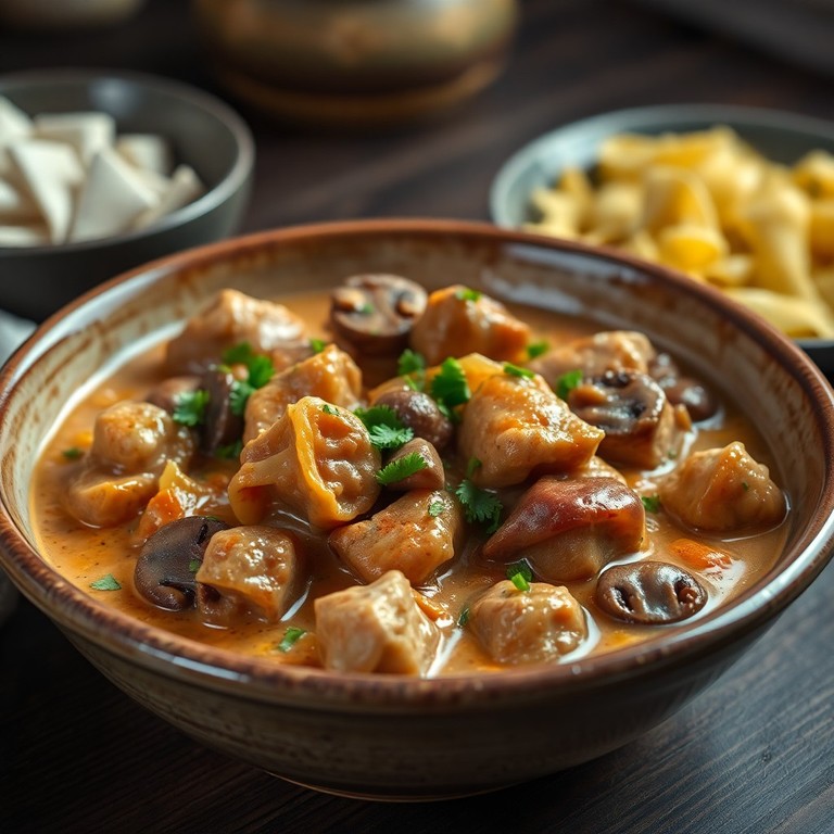 Herzhaftes Hähnchen mit Pilzen und Zwiebeln in cremiger Sauce