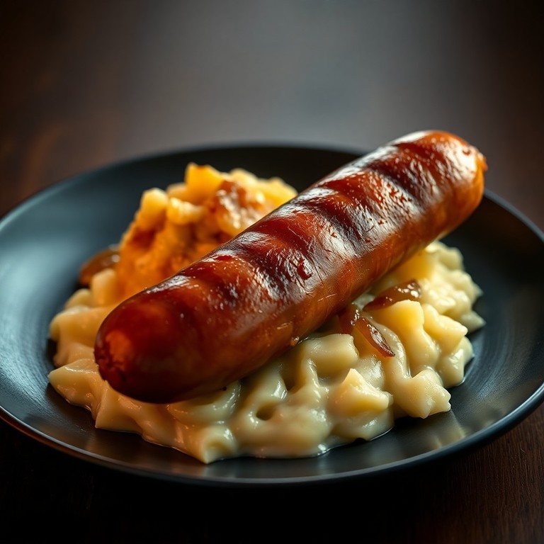 Deutsche Bratwurst mit karamellisiertem Sauerkraut und cremigem Kartoffelschmarrn