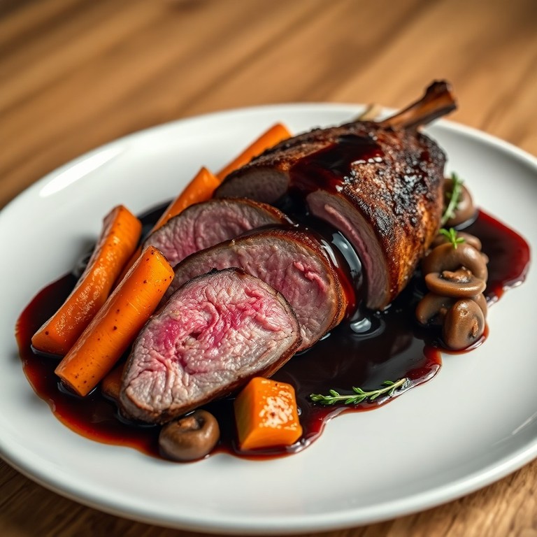 Filet de Lièvre Rôti, Jus Corsé au Vin Rouge et Légumes Racines Glacés