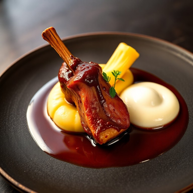 Joue de porc braisée aux épices douces, purée de céleri-rave et espuma de pomme de terre