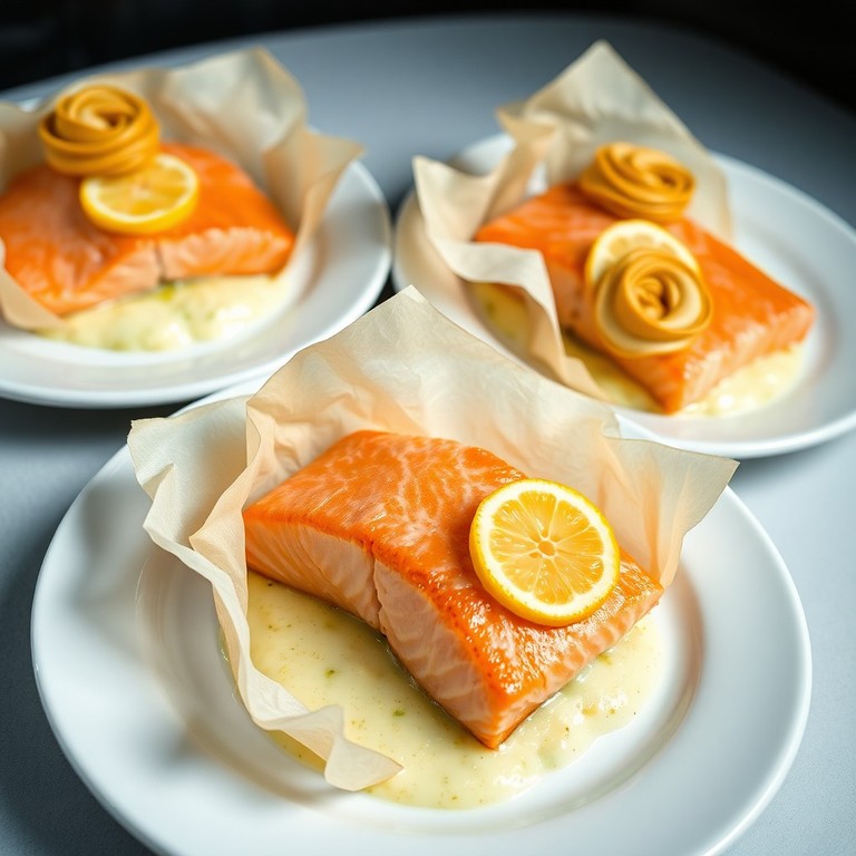 Saumon en Papillote aux Poireaux et Citron, accompagné de Pommes Duchesse
