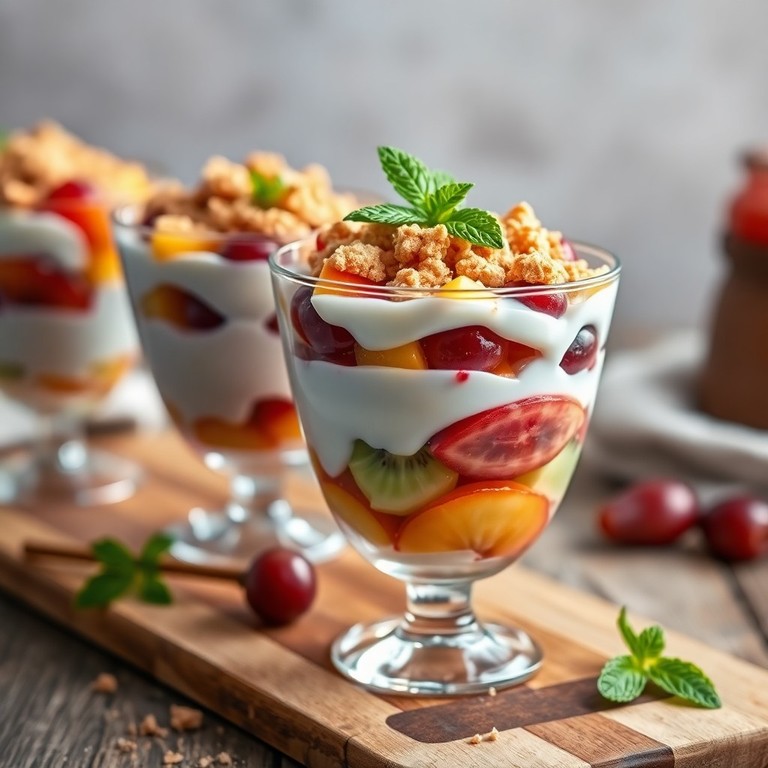 Fruchtiges Joghurt-Parfait mit Keks-Crumble und saisonalem Obst