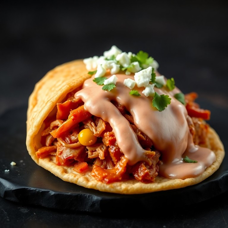Arepa de Pozole Rellena con Cochinita Pibil y Crema de Chile Ancho