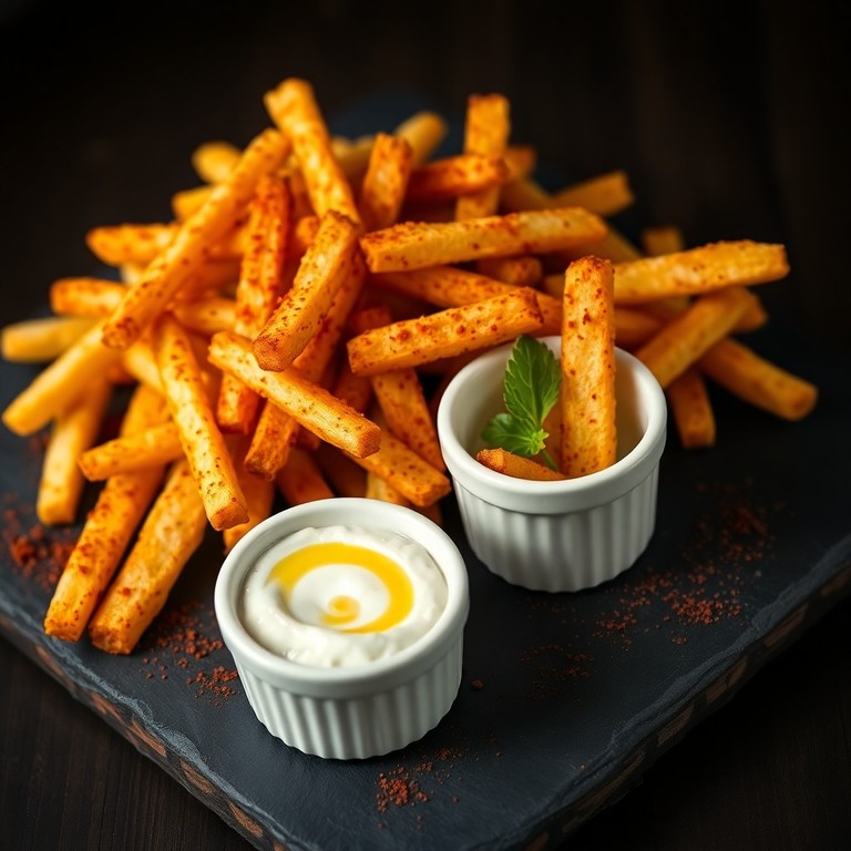 Patatine Fritte Speziate con Salsa di Ricotta all'Aglio