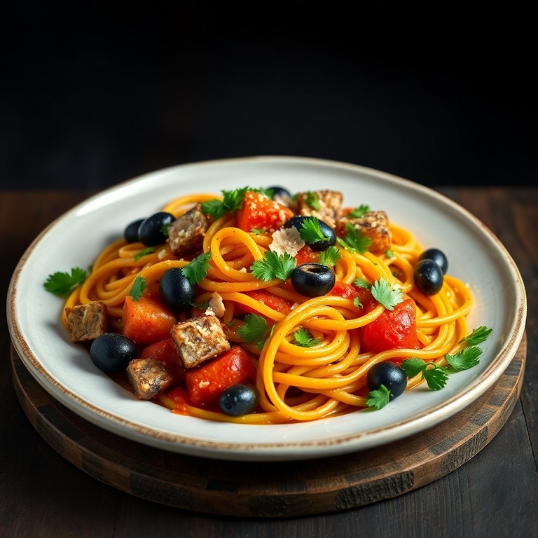 Macarrão Mediterrâneo com Sardinha, Berinjela e Tomate