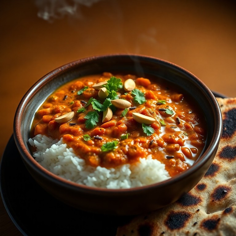 Cremige Rote Kokos-Linsen-Dahl-Bowl mit geröstetem Naan