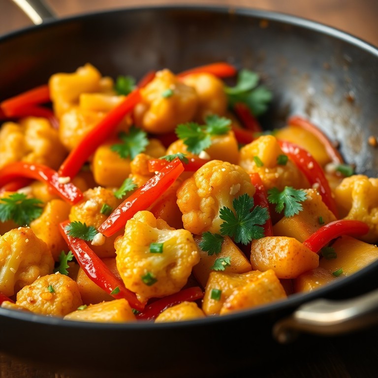 Ginger-Garlic Cauliflower and Potato Stir-Fry with Bell Peppers