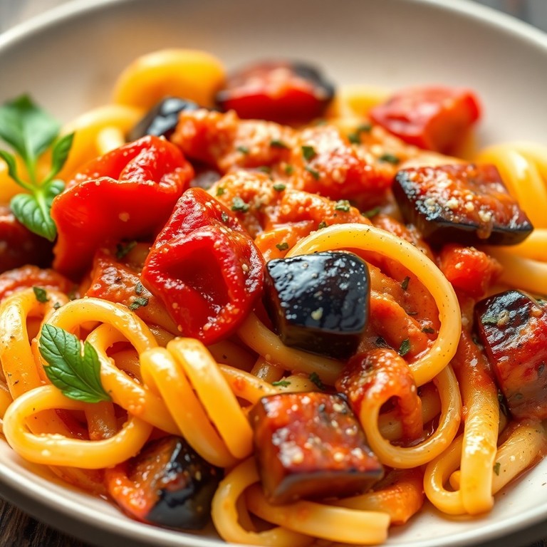 Pasta Cremosa con Peperoni Rossi Arrostiti e Melanzane Scure