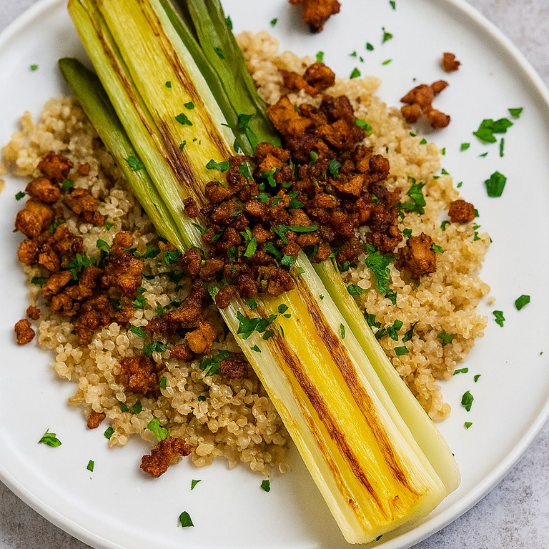 Lauch-Steaks auf Quinoa mit Räuchertofu-Crunch