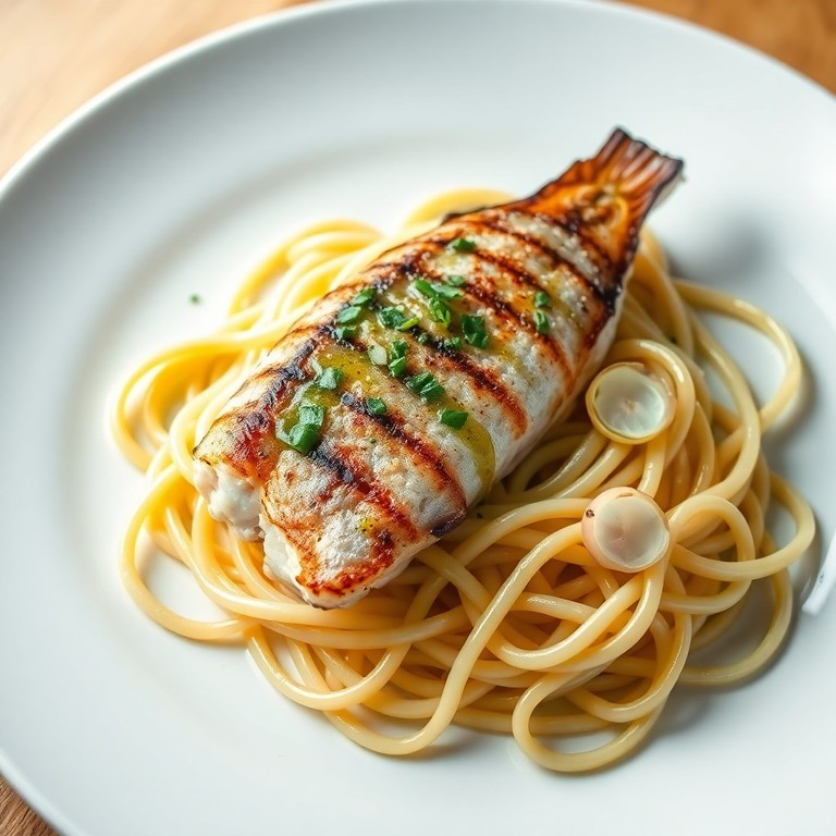 Dorade Grillée aux Échalotes et Huile d'Olive, Servie avec Pâtes au Beurre