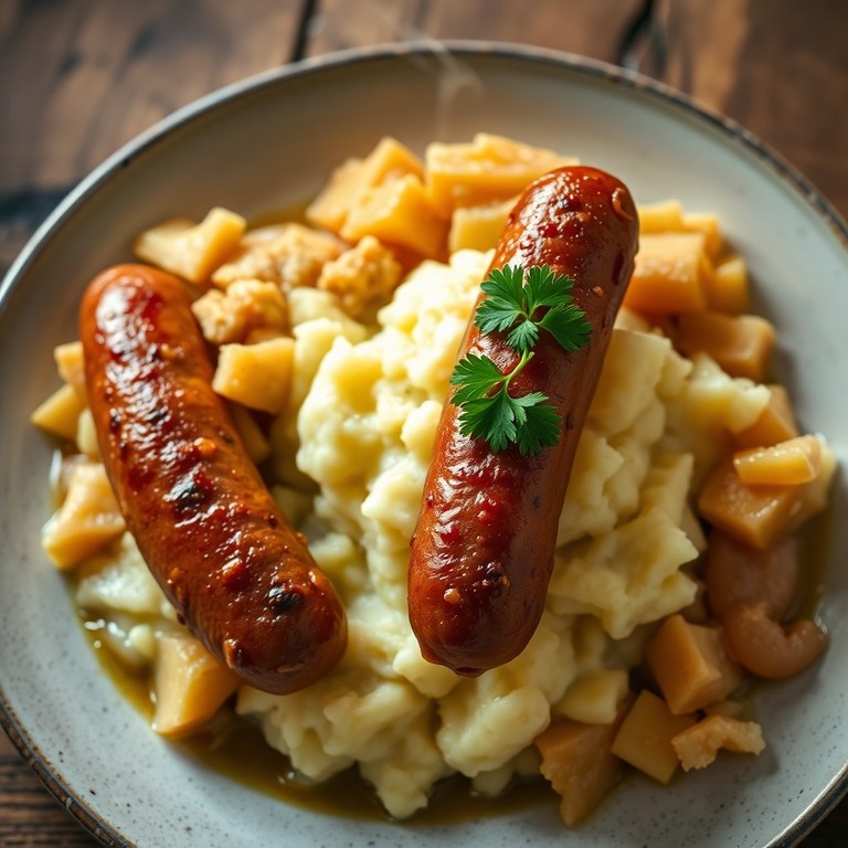 Veganer Kartoffelstampf mit Räuchertofu-Würstchen und Apfel-Sauerkraut