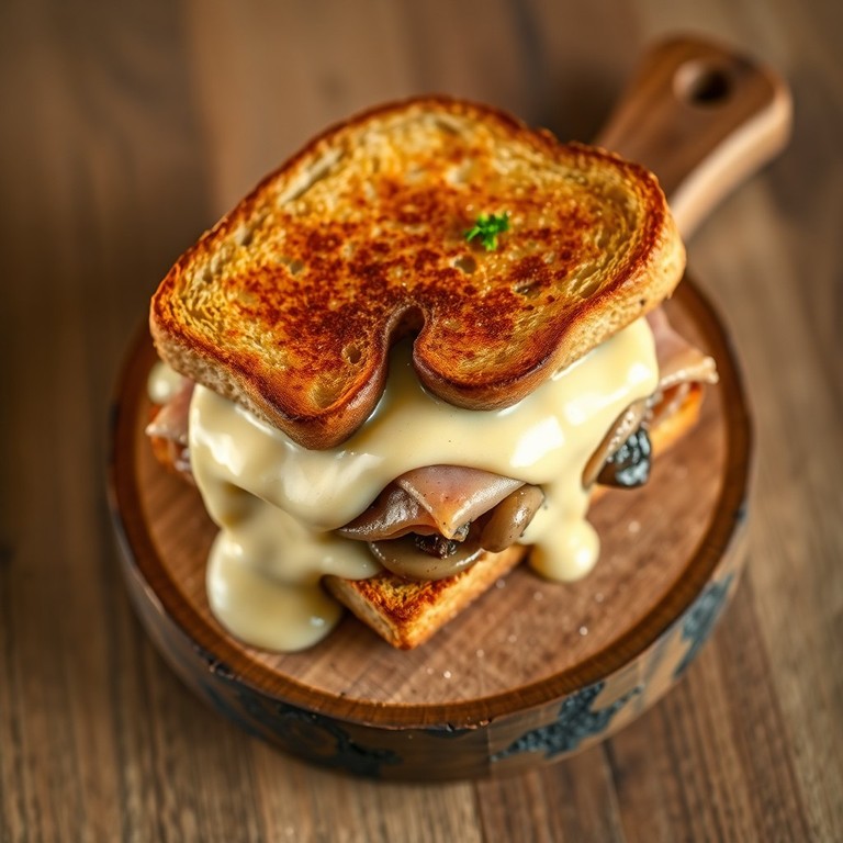 Pan-Seared Whole Wheat Croque-Monsieur with Ham and Mushrooms