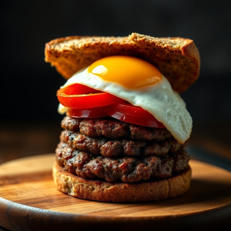 Complete Pan-Fried Ground Beef Burger with Peppers and Egg