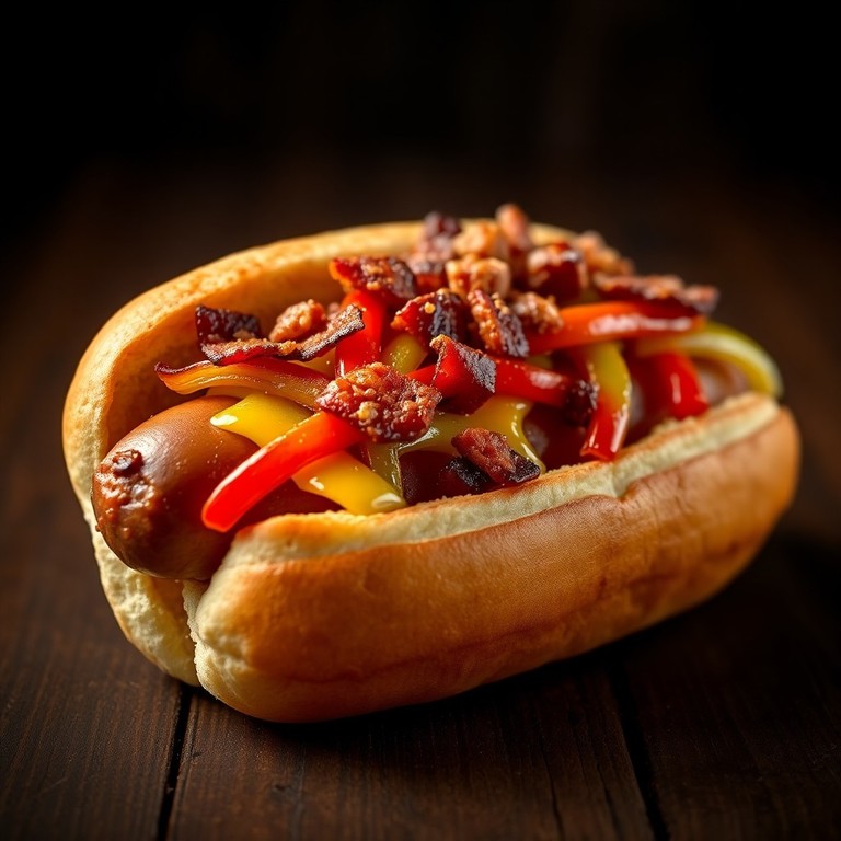 Perro Caliente Gourmet con Salchicha, Tocino y Pimientos