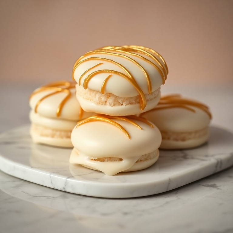 Alfajores de Coco con Baño de Chocolate Blanco y Ganache Dorado