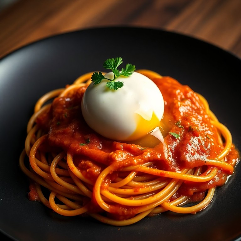 Espaguete à Moda Italiana com Ovo Pochê e Toque Defumado