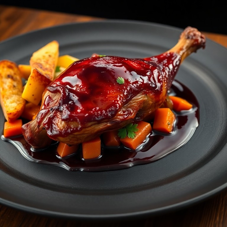 Pata Muslo Glaseada con Reducción de Vino y Papas Rústicas al Horno