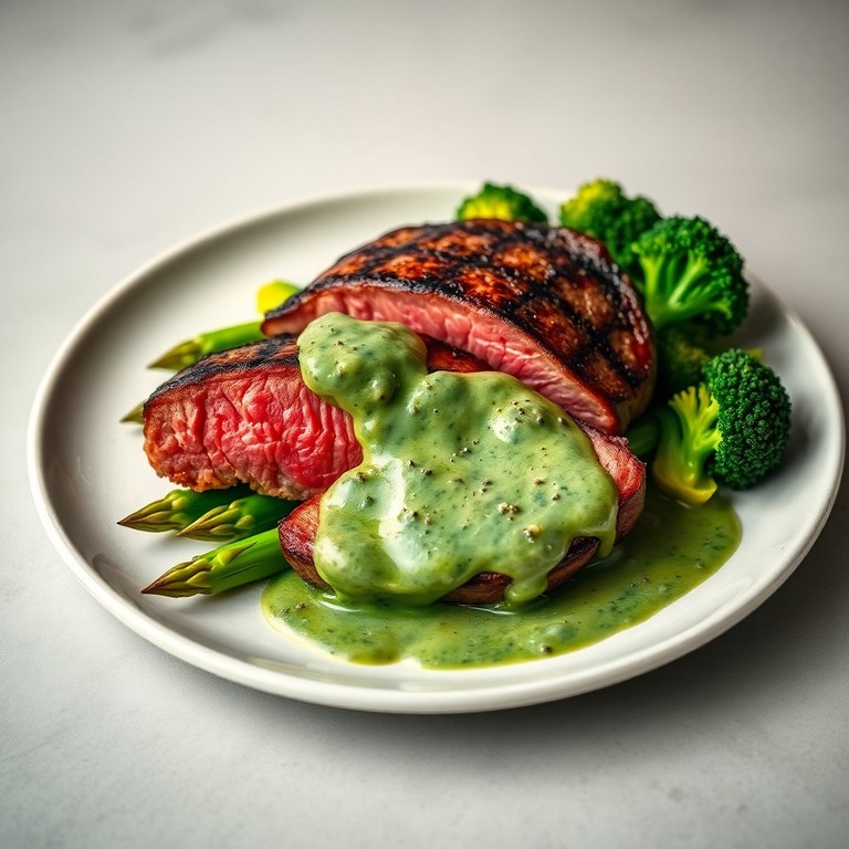 Bife Grelhado Suculento com Aspargos, Brócolis e Molho Cremoso de Espinafre