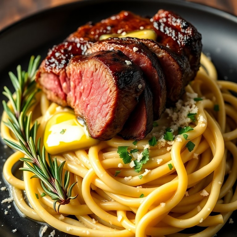 Garlic Butter Basted Sirloin Steak with Creamy Parmesan Linguine