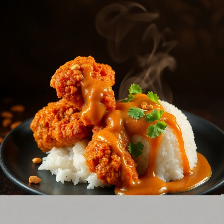 Asiatisches Crispy Chicken mit weißem Reis und Erdnusssauce