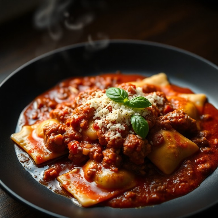Raviolis de Chistorra en Clásica Salsa Boloñesa