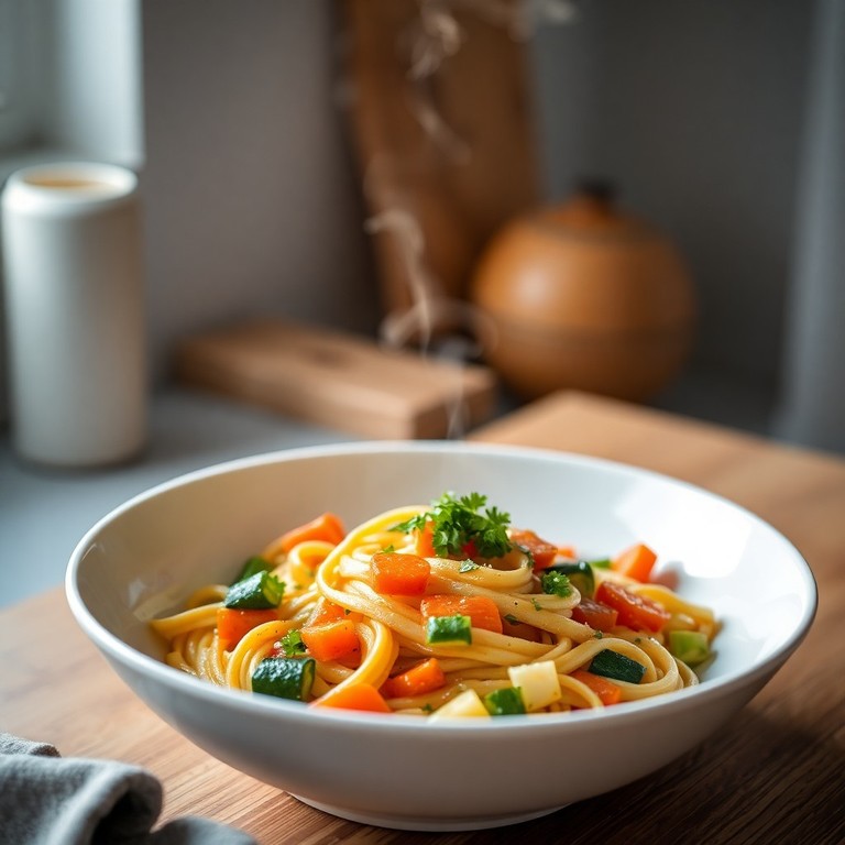 Pasta al Vapore con Verdure Saltate e Brodo Leggero