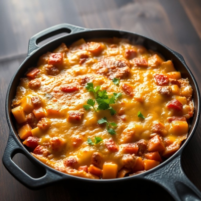 Klassische Hackfleisch-Kartoffelpfanne mit Käse überbacken