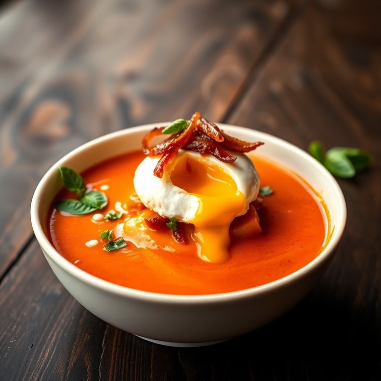 Soupe Tomate Riche aux Œufs Pochés et Oignons Caramélisés