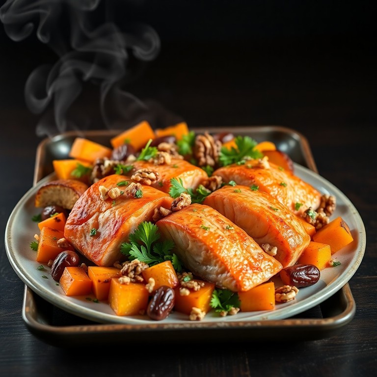 Rustikales Ofengericht mit Lachs, Hokkaido-Kürbis und Pastinaken