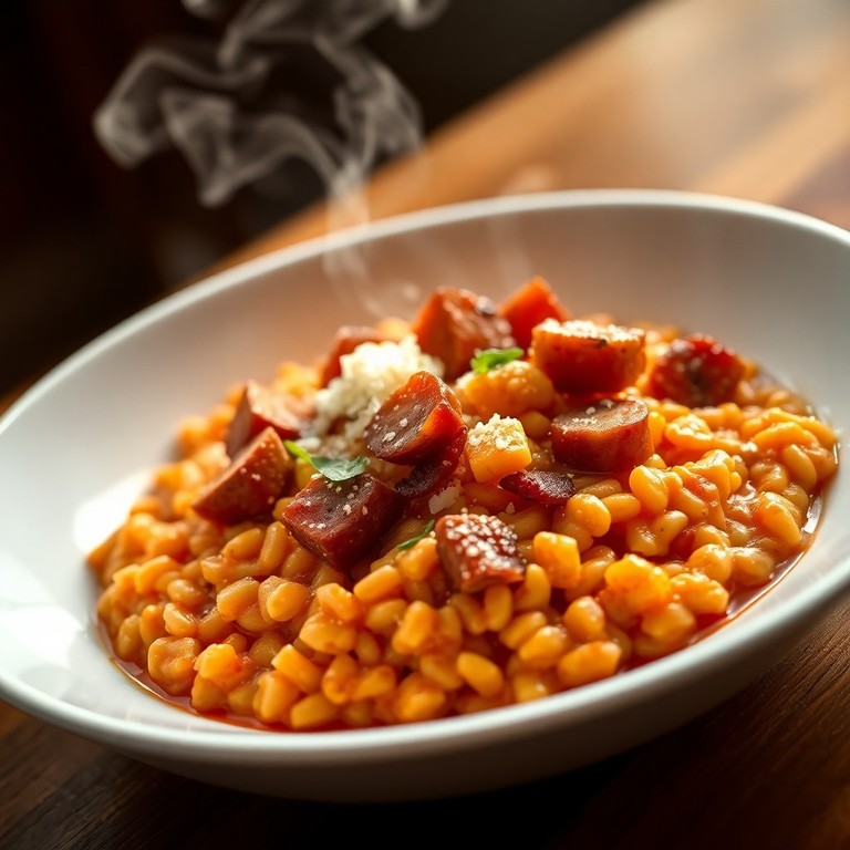 Risoto Cremoso de Linguiça Calabresa e Bacon com Toque de Tomate
