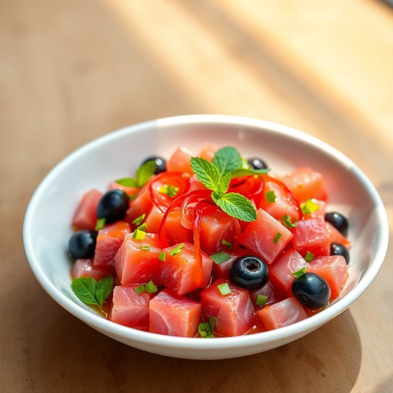 Ceviche di Tonno Fresco con Olive Nere e Agrumi Mediterranei