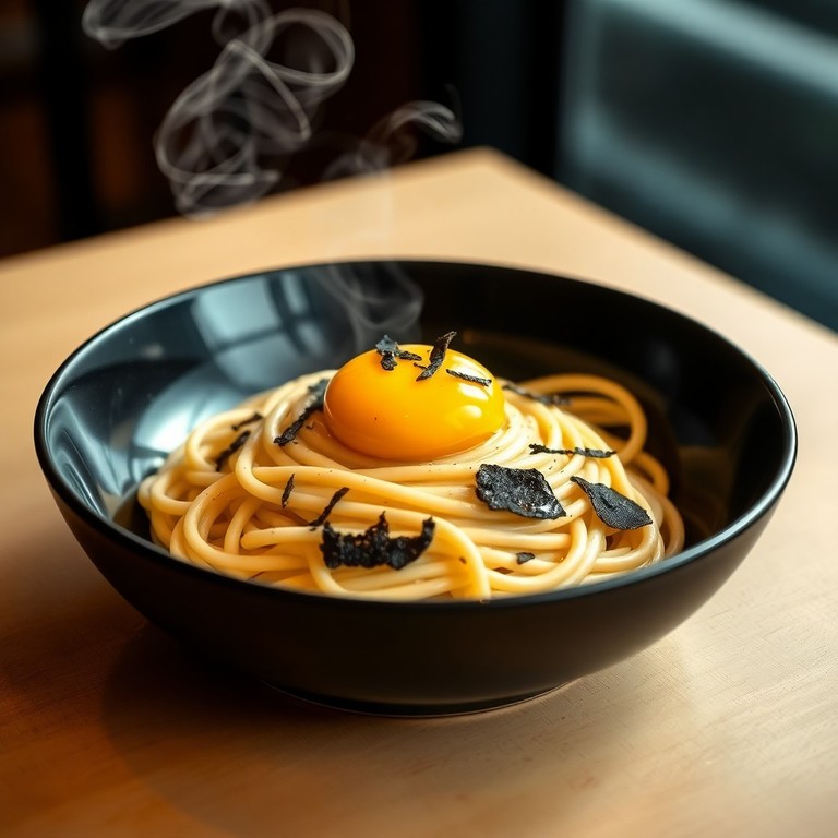 Spaghettis aux Truffes Noires et Œuf Poché